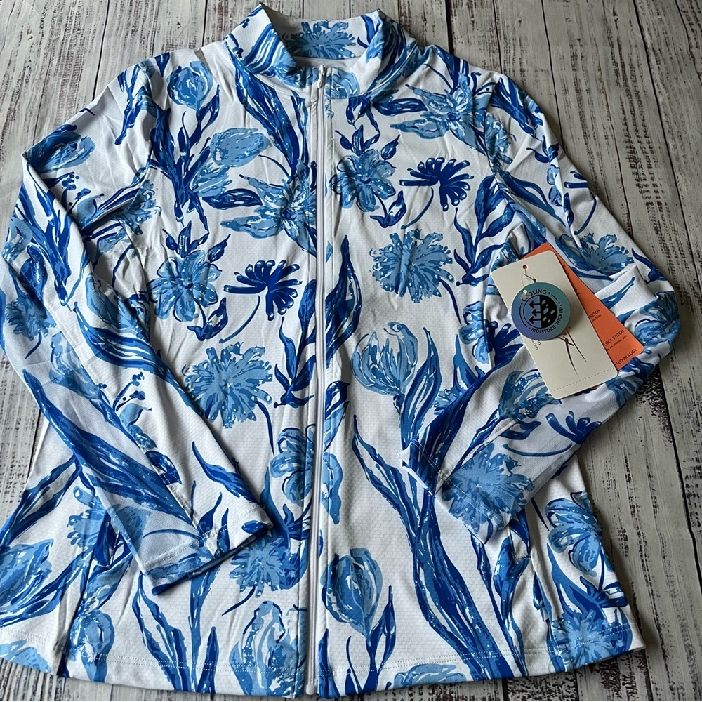 X by Gottex Activewear Long Sleeve Full Zip Mock Neck Jacket in the Blue Tulip